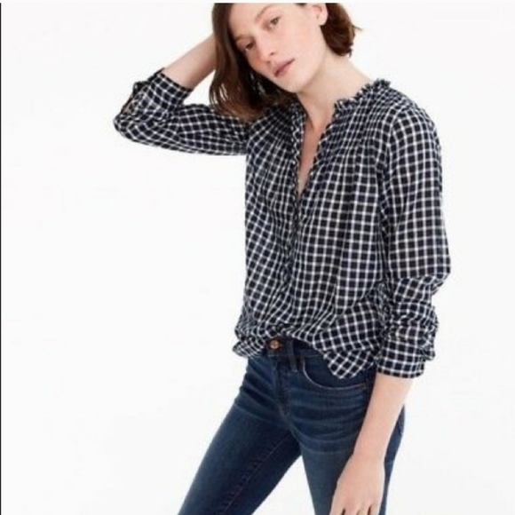 J. Crew Ruffle Classic Popover Long Sleeve Shirt in Mini Windowpane - Size 14 - Picture 1 of 16